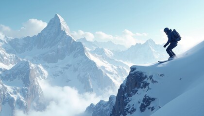 Adventurous skier or snowboarder glides down breathtaking snowy peak in majestic mountain range at sunrise