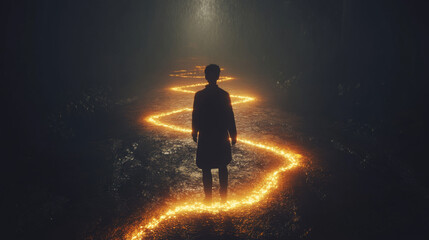 Obraz premium A person stands on a path that is lit up with fire