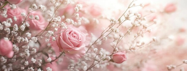 Beautiful blurred background of delicate pink roses and small flowers with copy space for text, soft-focus effect.