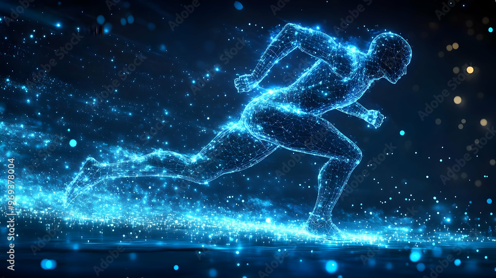Aufkleber a digital representation of a runner composed of glowing particles in motion.