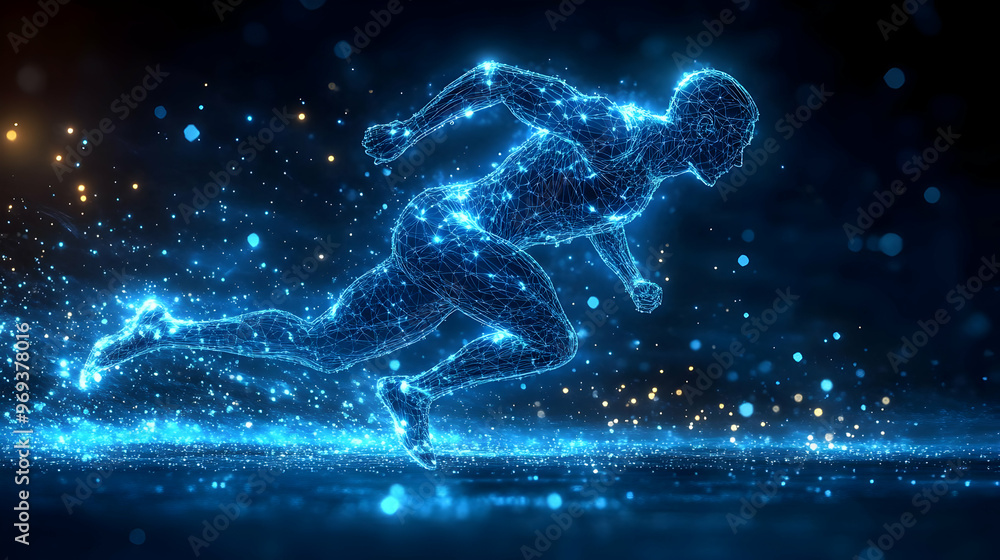 Aufkleber a digital representation of a runner composed of glowing particles.