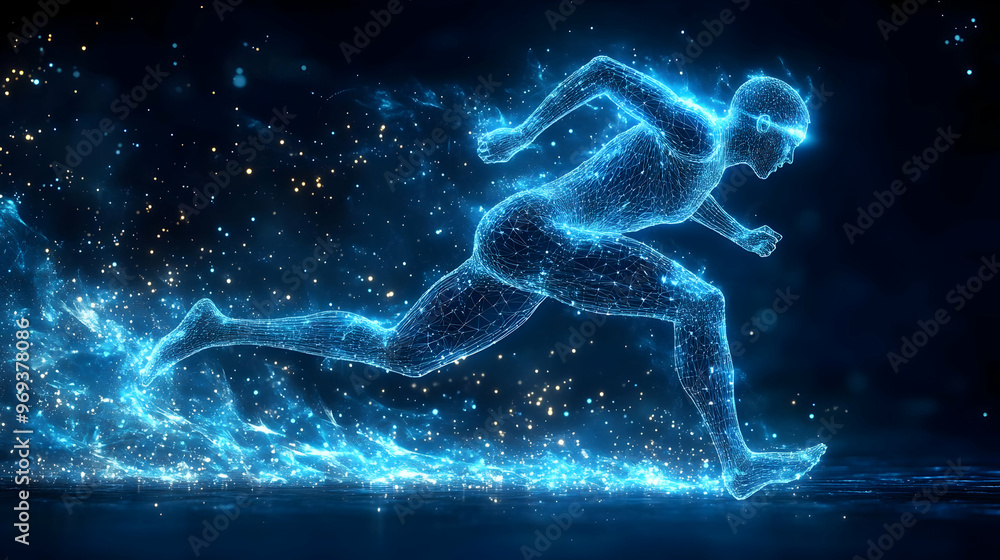 Aufkleber a digital representation of a runner in motion, illuminated with glowing particles.