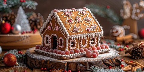 Obraz premium Deliciously decorated gingerbread house with festive ornaments during winter season