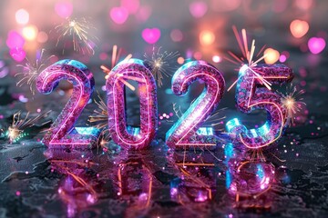 Celebratory display of sparkling 2025 number with vibrant lights and fireworks during New Year's Eve festivities