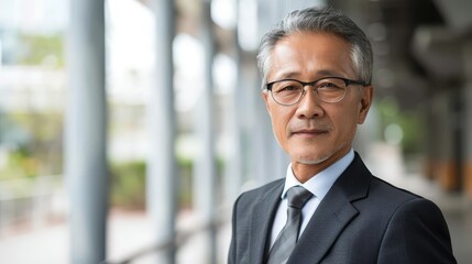 Portrait of a confident senior mature Asian businessman in formal wear, emphasizing professionalism and success with copy space