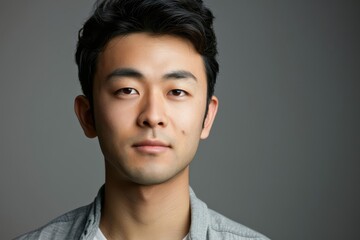 Obraz premium Portrait of a young Asian man with short black hair looking directly at the camera.