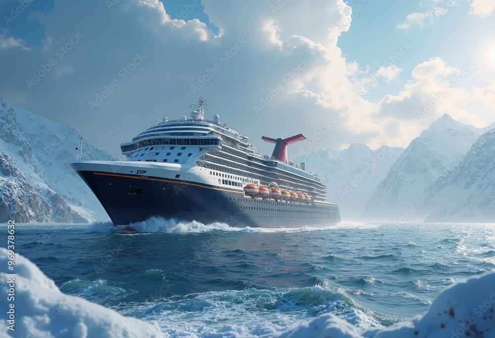 Wall mural grand cruise vessel cuts through northern sea waters, framed by dramatic snowy peaks under bright wi