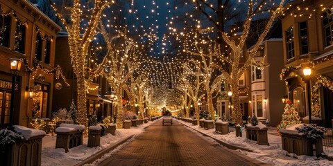 Fototapeta premium A picturesque neighborhood illuminated by festive lights during a winter night