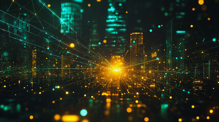 Fototapeta premium smart, digital, city, connection, network, reciprocity, Smart digital city with connection cyber security network reciprocity over the cityscape . future smart wireless digital city and social media n