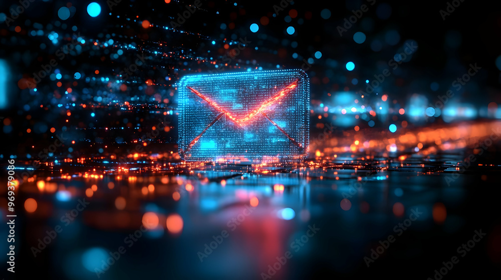 Poster a digital representation of an email icon surrounded by glowing data particles.