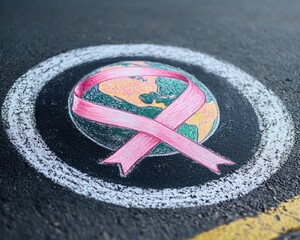 Obraz premium A colorful chalk drawing of Earth with a pink ribbon symbolizing awareness and support for breast cancer.