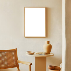 wooden frame mockup in the wabi-sabi style minimalist interior design, soft color palette 