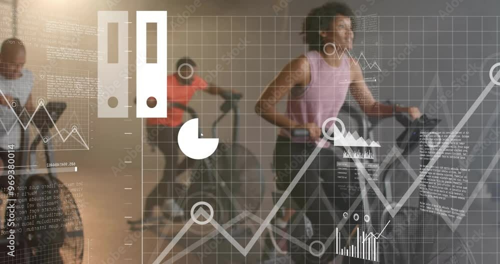 Aufkleber animation of financial data processing over diverse people using elliptical bikes on gym
