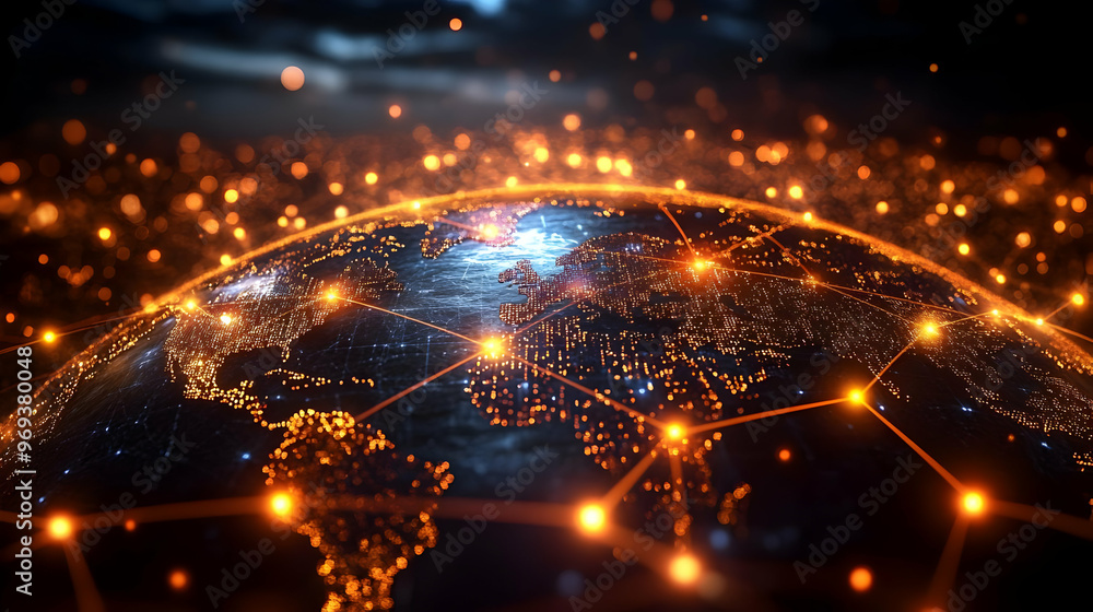 Poster a digital representation of earth connected by glowing networks, symbolizing global connectivity.