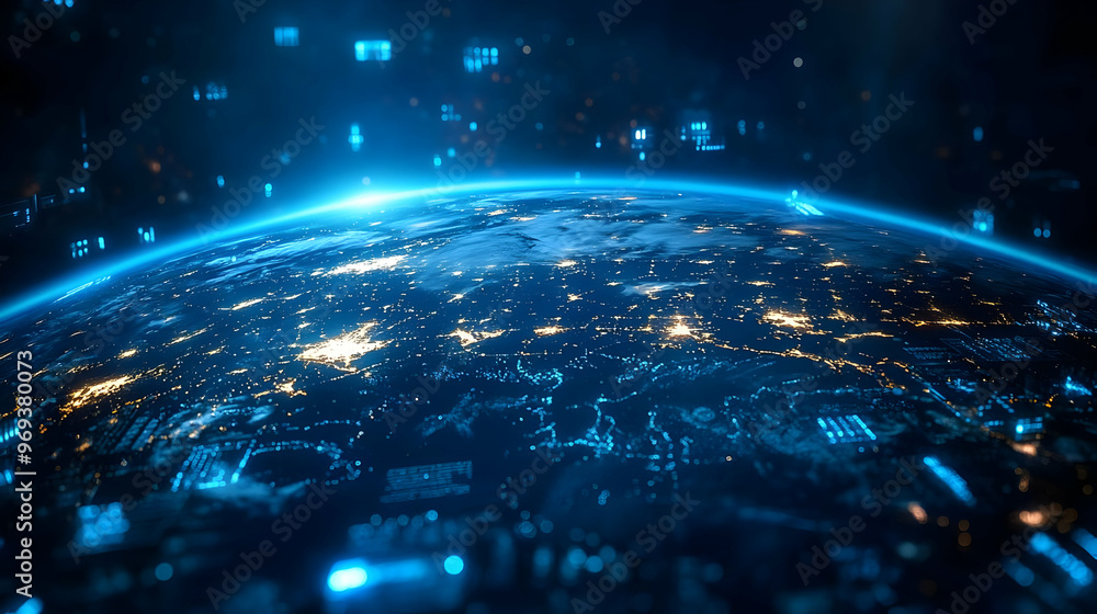 Aufkleber a digital representation of earth from space, illuminated with data overlays.