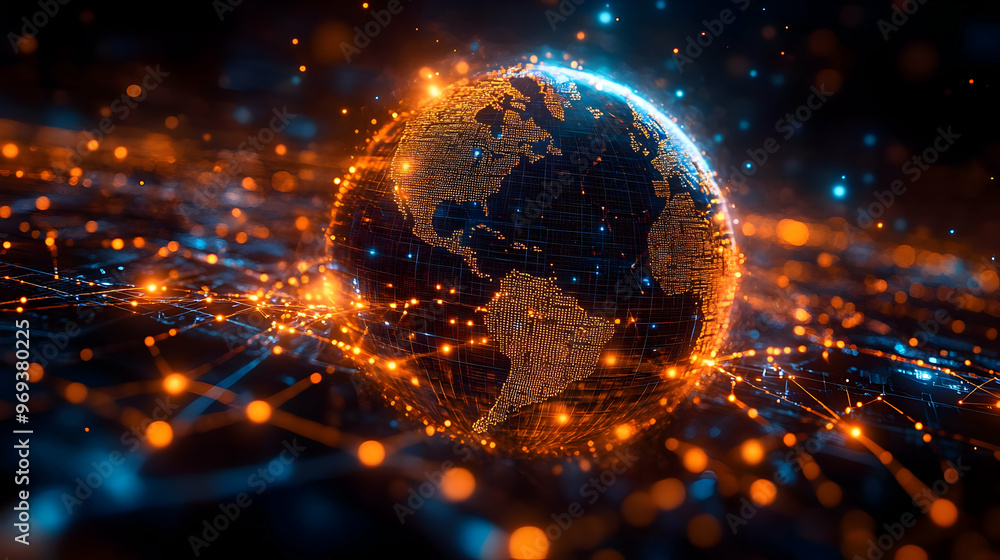 Poster a digital representation of earth interconnected with glowing lines and nodes.