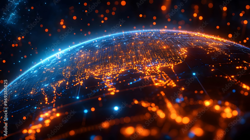 Poster a digital representation of earth with glowing networks and connections.