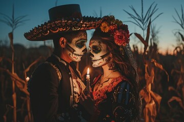 Couple in traditional attire celebrate Day of the Dead amidst a cornfield at dusk, illuminated by candlelight