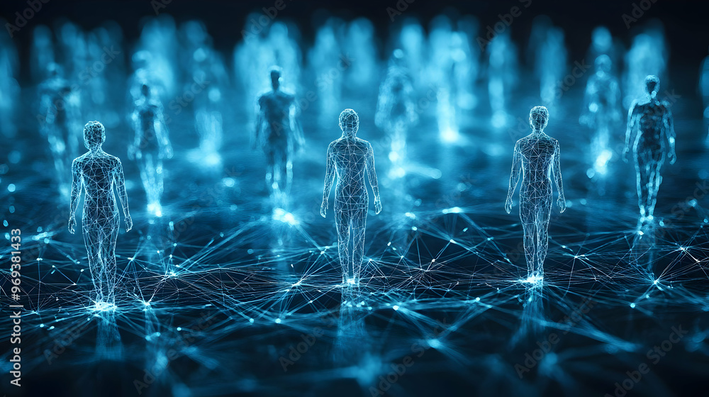 Poster a digital representation of human figures connected by a network of lines and nodes.