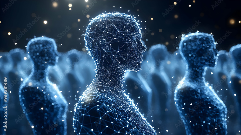 Poster a digital representation of human figures made of interconnected nodes and lines.