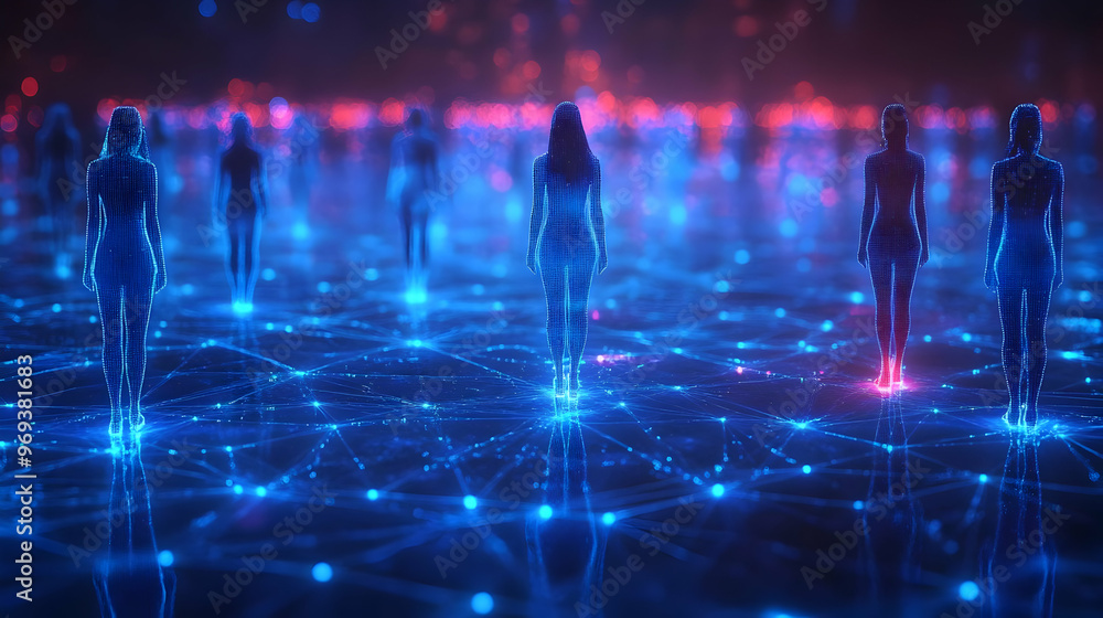 Poster a digital representation of interconnected figures in a glowing network.