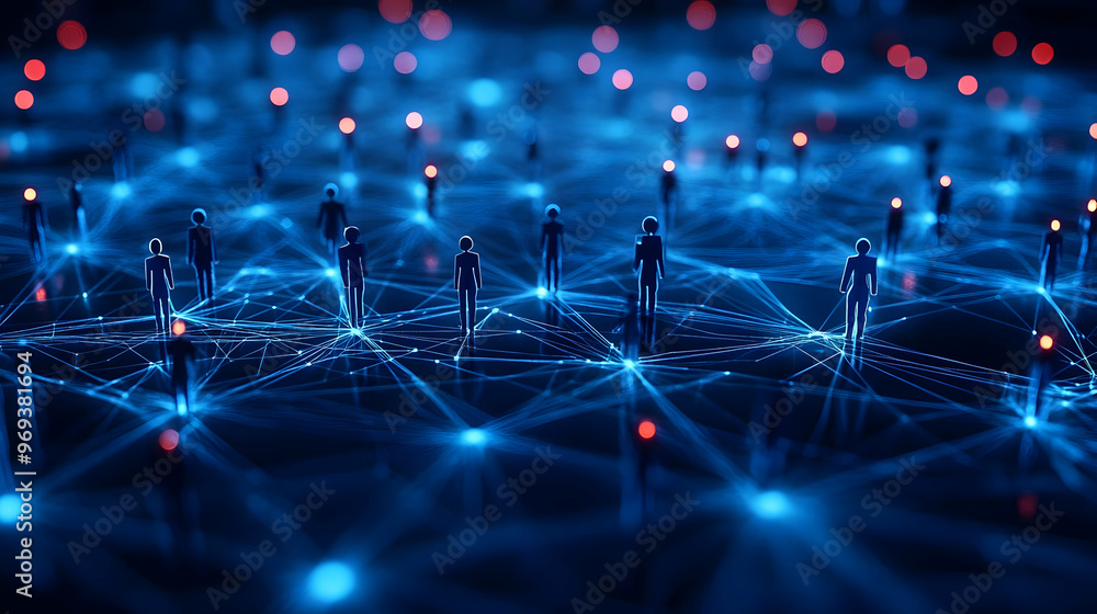 Poster a digital representation of interconnected figures in a network, symbolizing social connections.