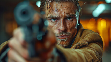 Fototapeta premium Tough looking military man aiming a gun