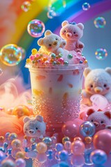 Colorful dessert with cute bear decorations and bubbles against a vibrant rainbow background at a playful gathering