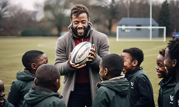 Sharing the Love of Rugby: An enthusiastic coach shares his passion for rugby with a group of eager young boys, fostering a love for the sport and inspiring future generations.  