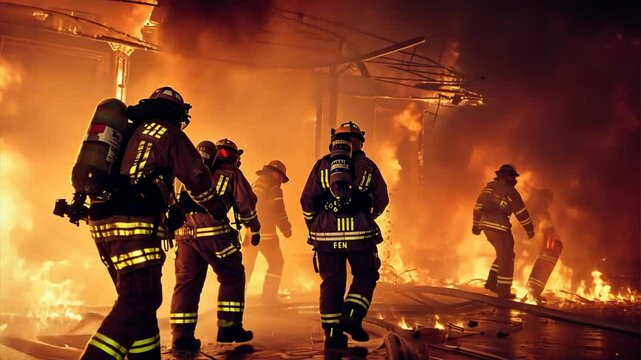 Firefighters in Action: A group of brave firefighters bravely battle a raging inferno, their silhouettes silhouetted against the intense flames, showcasing their courage and dedication.  