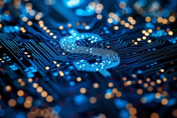 Illuminated dollar symbol on circuitry background representing modern finance and technology in a digital age