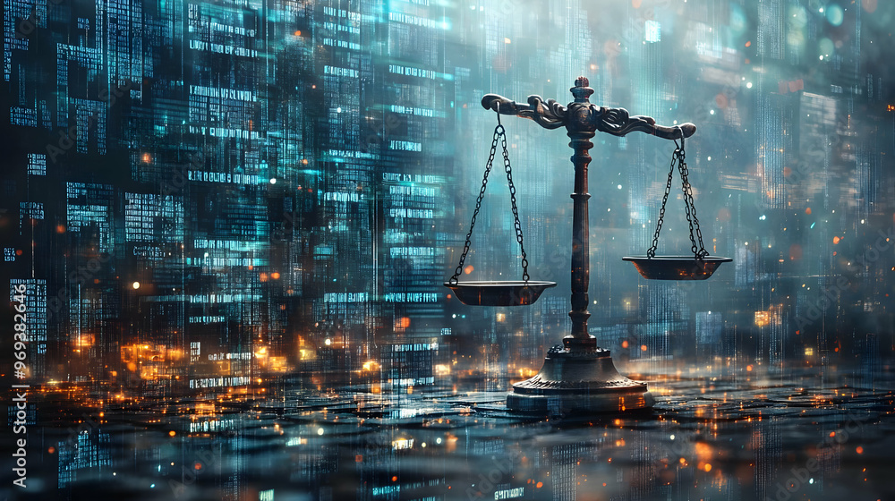 Poster a digital representation of justice with a scale amidst a futuristic, data-driven background.