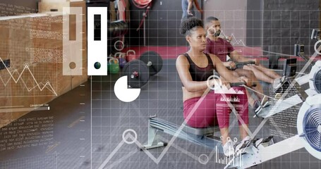 Animation of financial data processing over diverse people using indoor rower on gym - Powered by Adobe