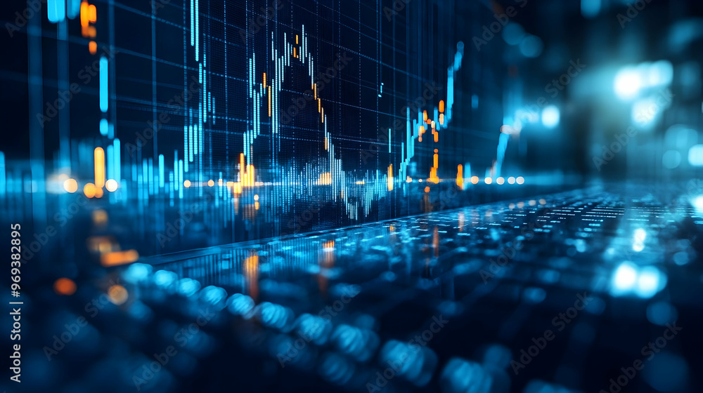 Poster a digital representation of stock market trends with graphs and data visualization.