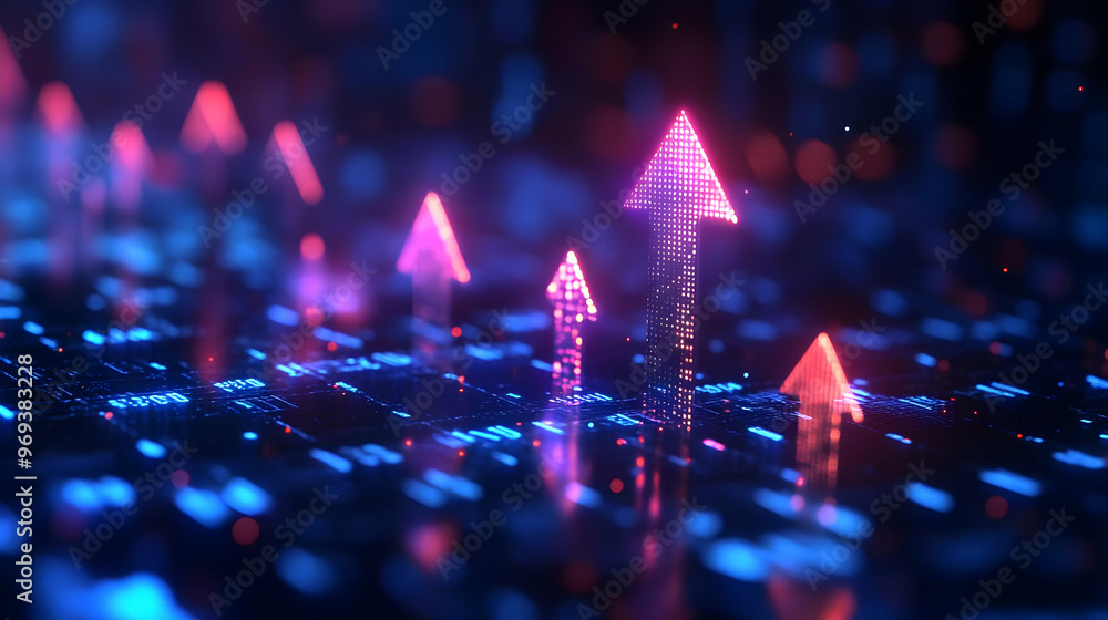 Poster a digital representation of upward trends with glowing arrows on a tech-inspired background.