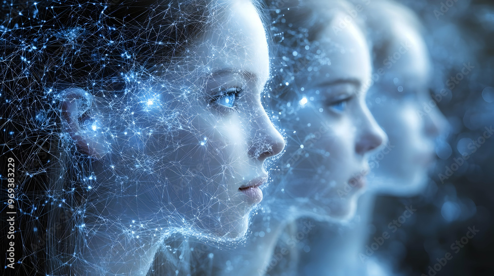 Poster a digital representation of three profiles with a network of stars and connections.