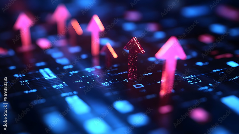 Poster a digital representation of upward trends with arrows on a grid background.