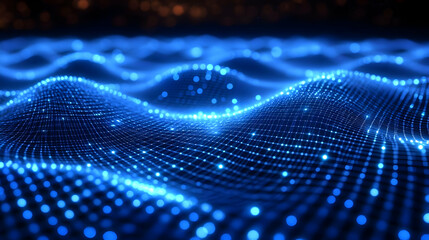 A digital representation of waves illuminated by blue lights, creating a futuristic ambiance.