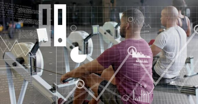 Animation of financial data processing over diverse people using indoor rower on gym