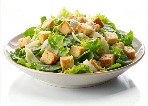 Caesar salad served in white plate, isolated on white background