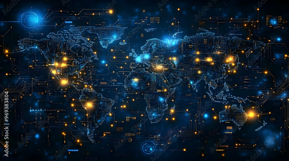 Poster a digital world map with glowing connections and data points, symbolizing global connectivity.
