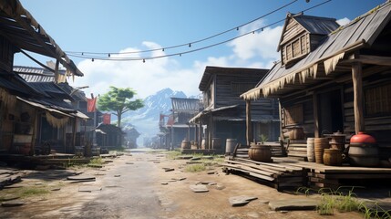 A peaceful village street scene with rustic wooden houses, vibrant greenery, and majestic mountains under a clear blue sky.