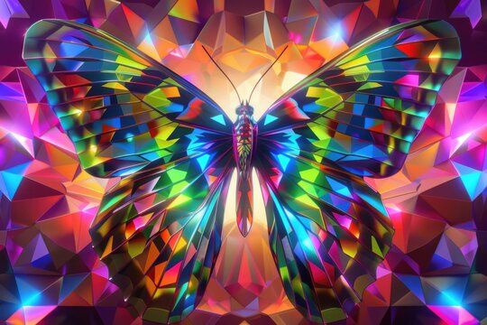 Vibrant geometric butterfly with prismatic colors and bright patterns. AI - Powered by Adobe
