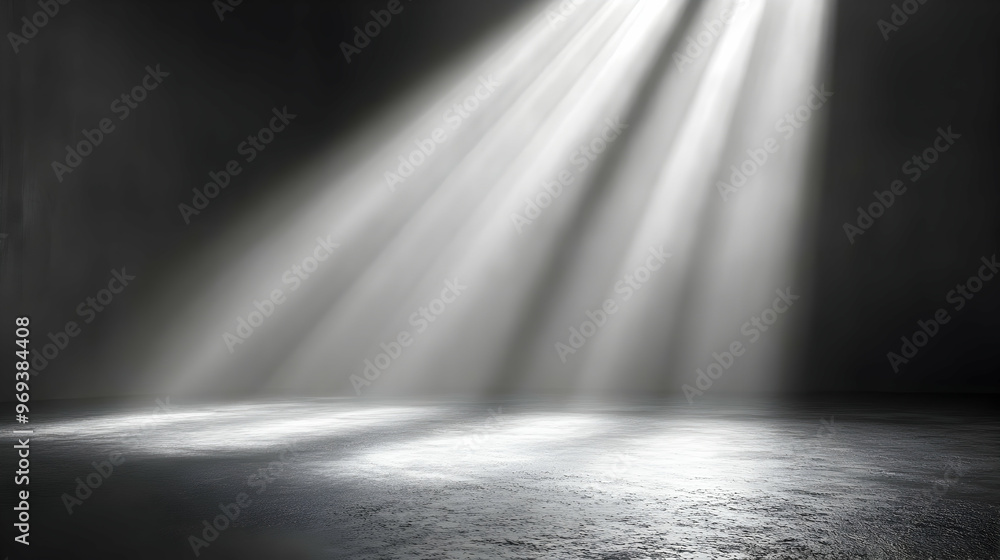 Poster a dimly lit space with beams of light creating a dramatic atmosphere.