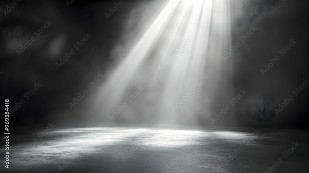 Poster a dimly lit space with beams of light creating an atmospheric effect.