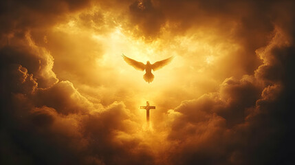 A divine scene with a dove and a cross amidst glowing clouds.