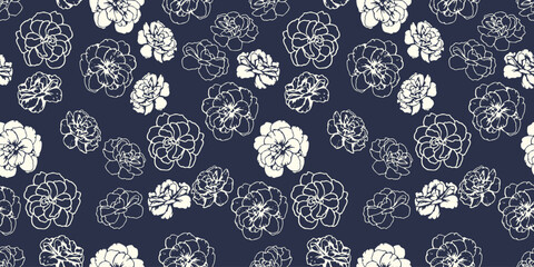 Black and white seamless pattern with abstract buttercups, pansies flowers. Bi color contour silhouettes, lines, outlines floral print. Vector hand drawn. Plain nature ornament for designs
