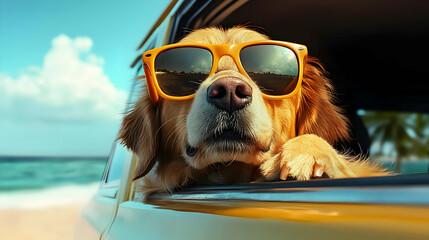 A dog wearing sunglasses leans out of a car window at the beach.