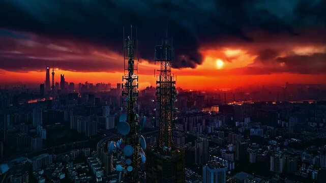 Antenna for wireless network. Telecommunication cellular station with big smart city. 4k video footage