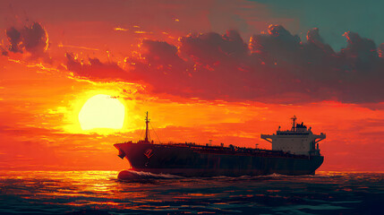 Fototapeta premium epic view of a cargo ship against the backdrop of a setting sun, the sky illuminated in bold colors of orange and red